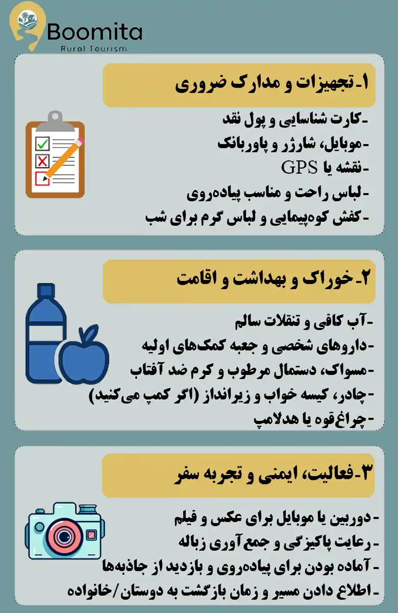 چک لیست سفر به روستای تمین