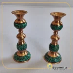 تصویر اصلی: شمعدان فیروزه‌کوبی مسی جفت با فیروزه نیشابور